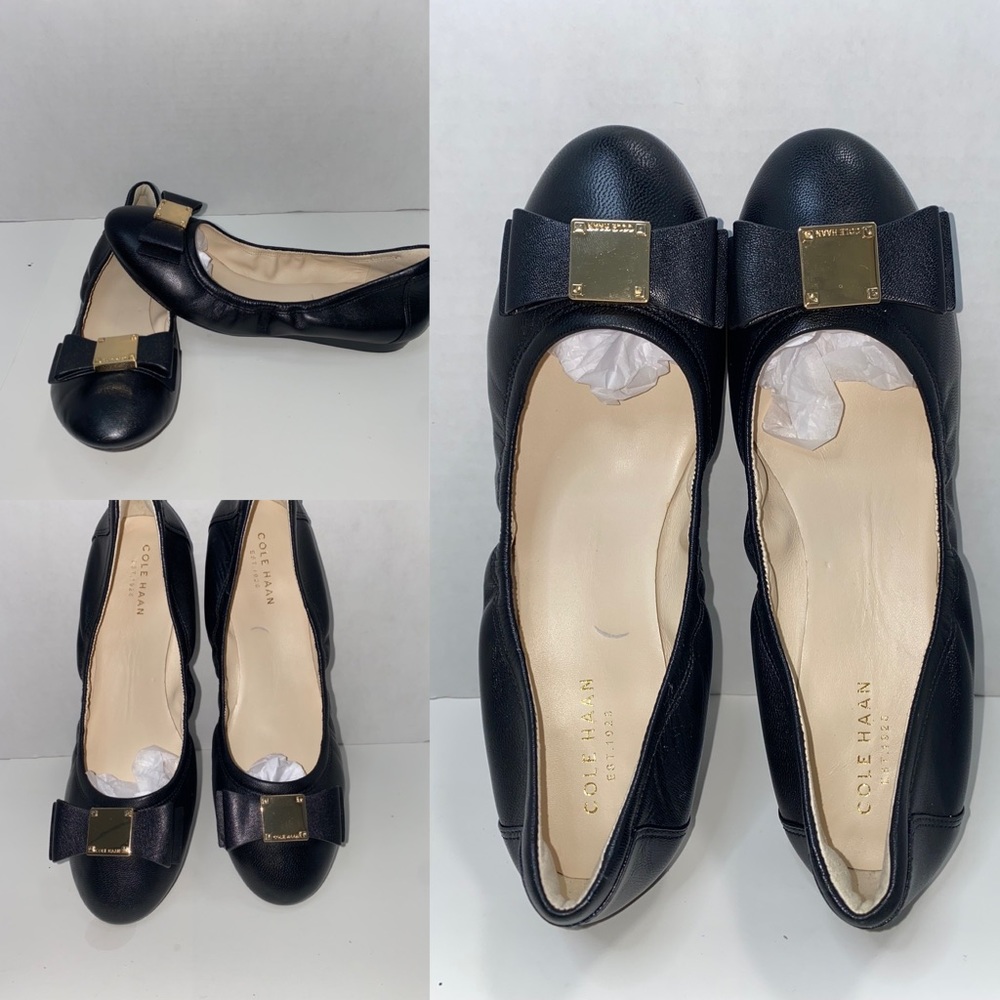 Cole Haan Black Leather Bow Ballet Flats with Gold Accent